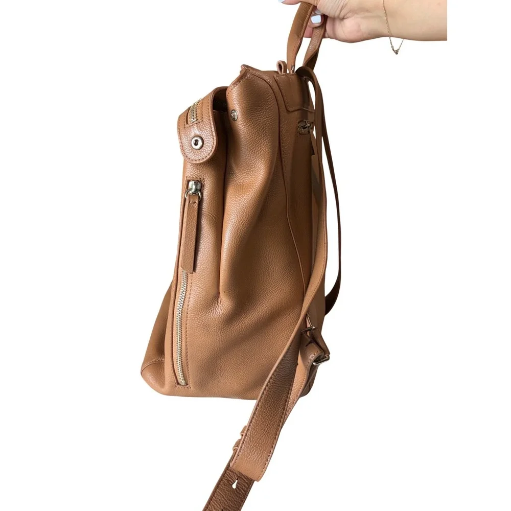 Mina Baie Stevie Tan Pebbled Leather Backpack Diaper Bag Gold Hardware